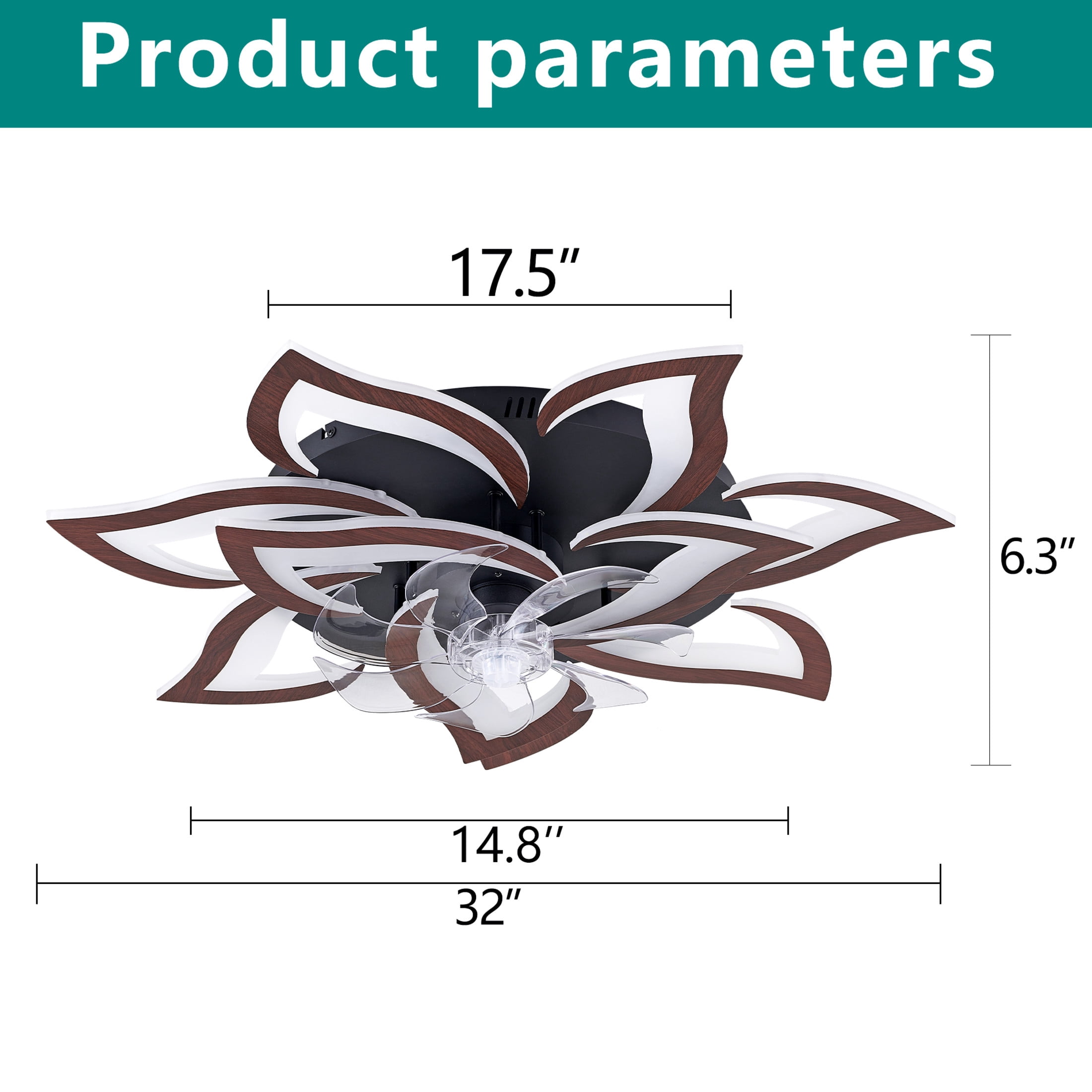 GDF Studio 10-Head Flower Modern Ceiling Fan with LED Lights & Remote Control, Low Profile Flush Mount Fandelier, Wood