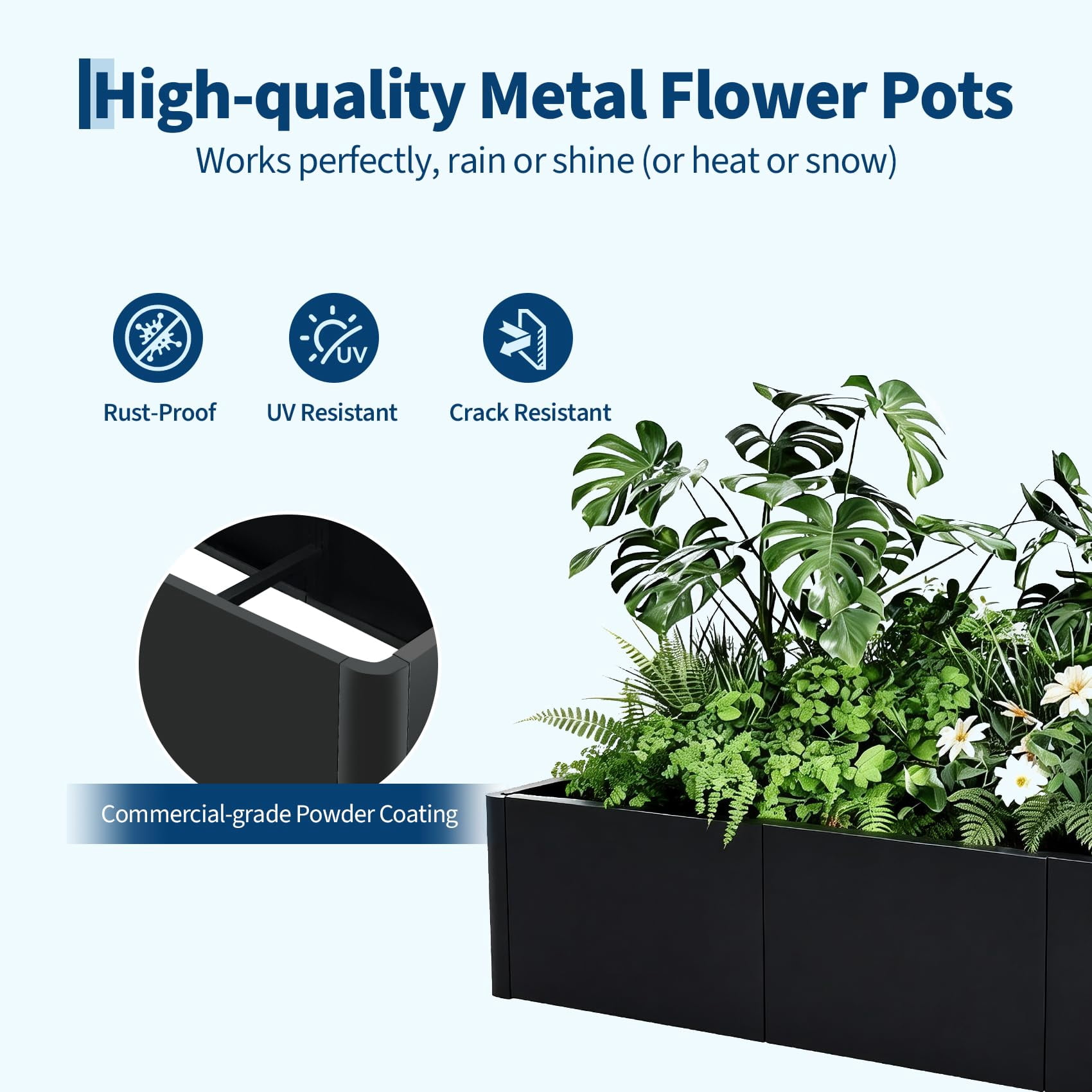 Large Rectangular Metal Planter Box, Home Garden Plant Pots, Indoor Windowsill Planter, Large Garden Planters with Rounded Corners for Outdoor Plants for Patio Deck Garden, With or Without Bottom