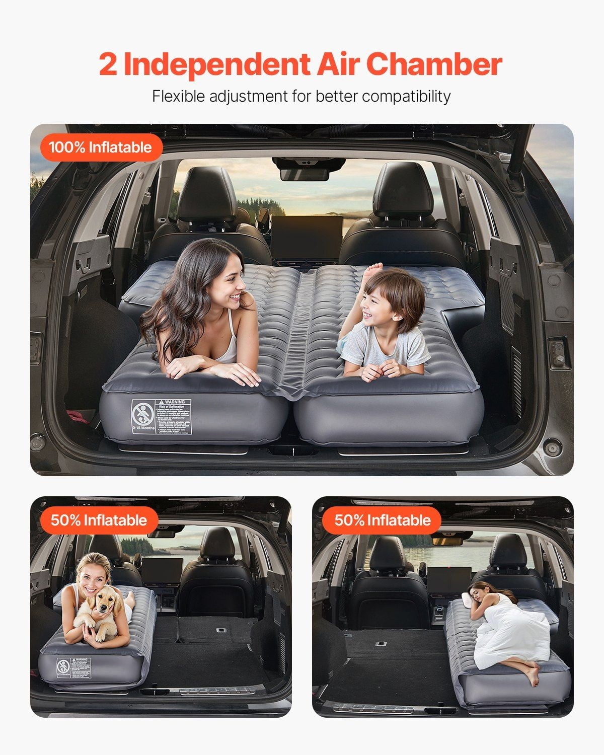Car Air Mattress Inflatable Camping Bed - Travel Sleeping Pad with Air Pump for SUV, MPV, Sedan - 2 Chamber