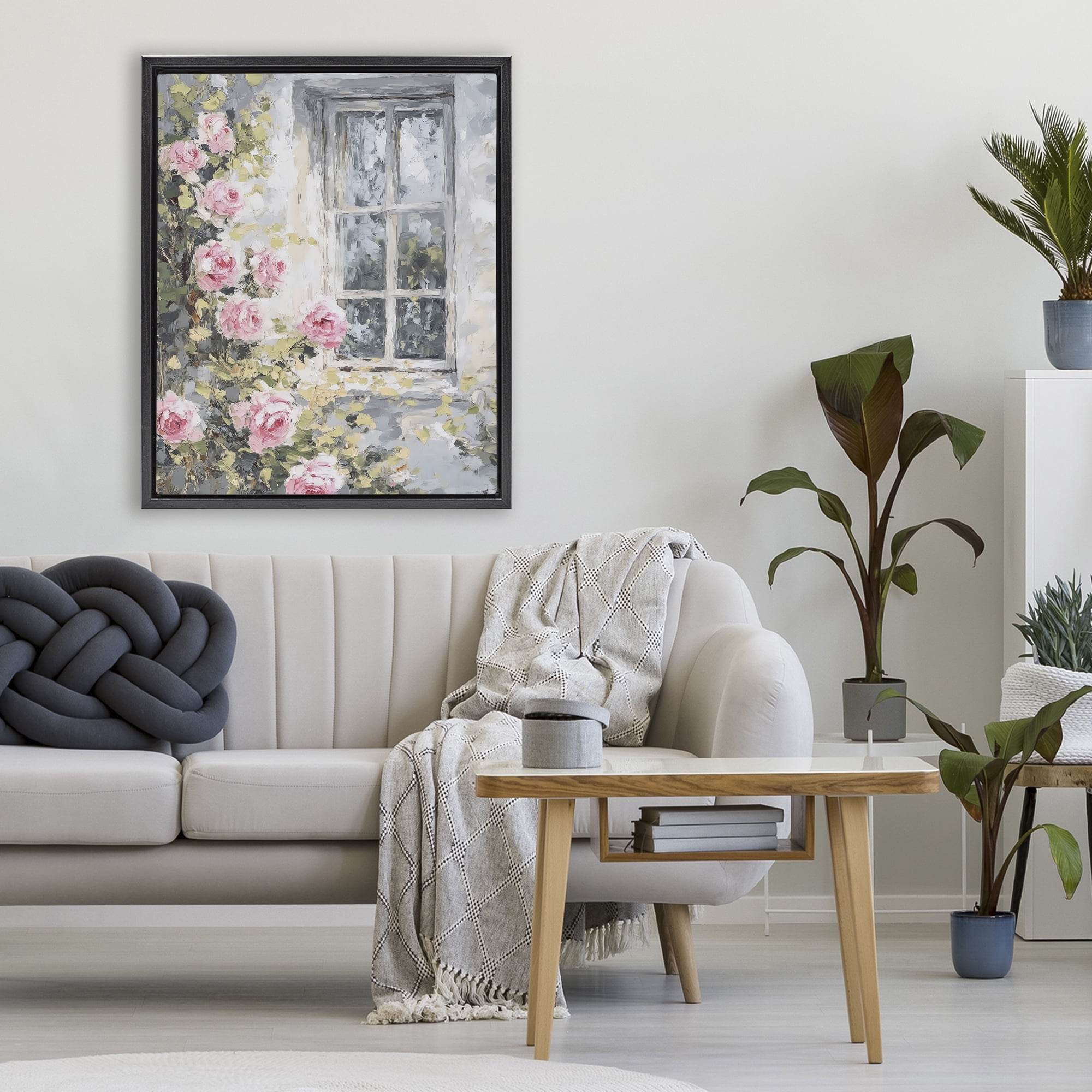 Stupell Industries View Of Roses Cottage Window Black Framed Floater Canvas Wall Art, design by LSR Design Studio