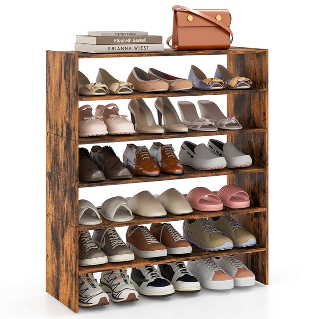 Costway 3 PCS Stackable Shoe Rack 31-Inch Horizontal Organizer 2-tier StorageShelf Brown