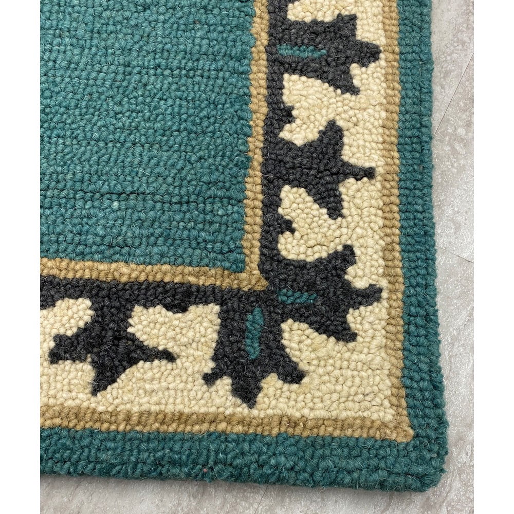 LR Home Hand Hooked 3 ft. x 5 ft. Teal and Cream Floral Bordered Medallion Wool Area Rug