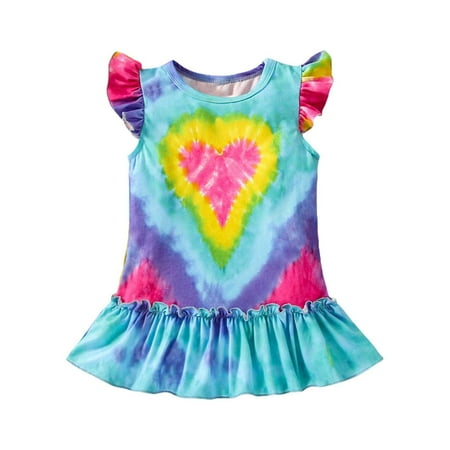 

Toddler Girl Small Flying Sleeve Crew Neck Tie Dye Love Print Dress For 1 To 4 Years Dresses For Girls