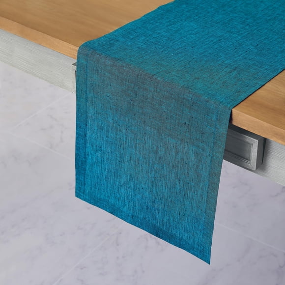 Tapete de mesa Solino Home Athena, 36 x 14 pulgadas, lino verde azulado