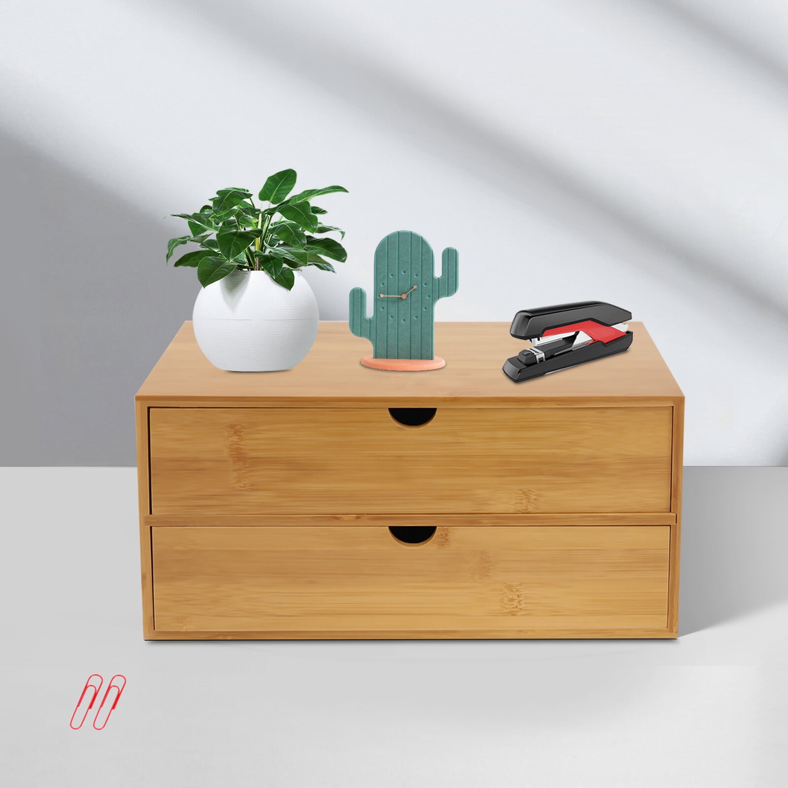 Desk Storage Box, Mini Bamboo Drawer Organizer with Curved Groove Handle for Office, Home