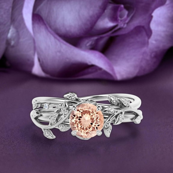 Vine Leaf Ring, Boho & hippie 1.00 Carat Round Cut Morganite And Diamond Moissanite Engagement Ring, Bridal Ring, Twig Ring, Wedding Ring in 10k Solid White Gold, Fairy Promise Ring, Anniversary Ring