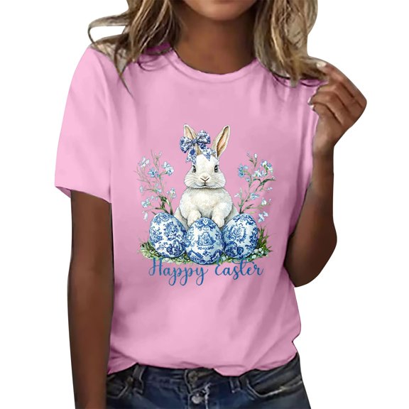 Loose Fit T-Shirts Womens Fashion Workout T Shirts Athletic Plus Size Tops Summer Trendy Clothes 2025 Short Sleeve Spring Tee,Pink Easter Women T Shirt L