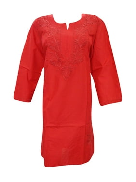 Mogul Womens Indian Tunic Dress Caftan Red Floral Embroidered Kurta Cover Long Kurti
