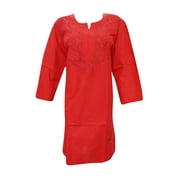 Mogul Womens Indian Tunic Dress Caftan Red Floral Embroidered Kurta Cover Long Kurti