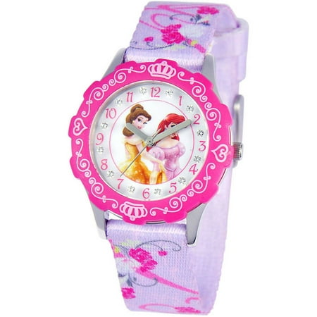 Disney Princess Girls' Stainless Steel Glitz Watch, Pink Bezel, Printed Strap