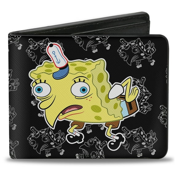 Nickelodeon Wallet, Bifold, Mocking Spongebob Pose Pose Outline Black Gray, Vegan Leather