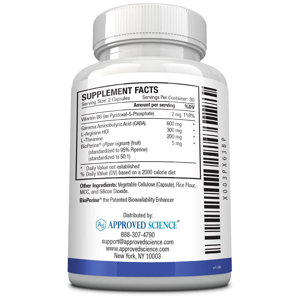 Approved Science GABA+ - Promote Calm, Improve Sleep, Boost Mood - GABA, L-Theanine, L-Arginine, Vitamin B6, BioPerine - High Absorption - 60 Capsules - Vegan