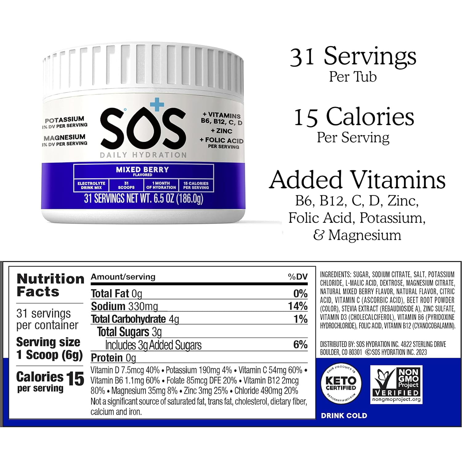 SOS Hydration Daily Electrolyte Drink Mix, Mixed Berry, 31-Serving Tub, Low Sugar, Vitamins B6 B12 C D, Potassium Magnesium Zinc
