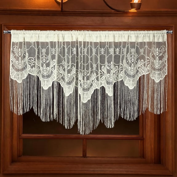 1 Pcs 56 x 23 Inch Lace Scalloped Valance for Window 1.5 Inch Rod Pocket Victorian Window Treatment Swag Valance Ivory Floral Lace Curtain for Living Room Bedroom (56 x 23 Inches,Elegant)