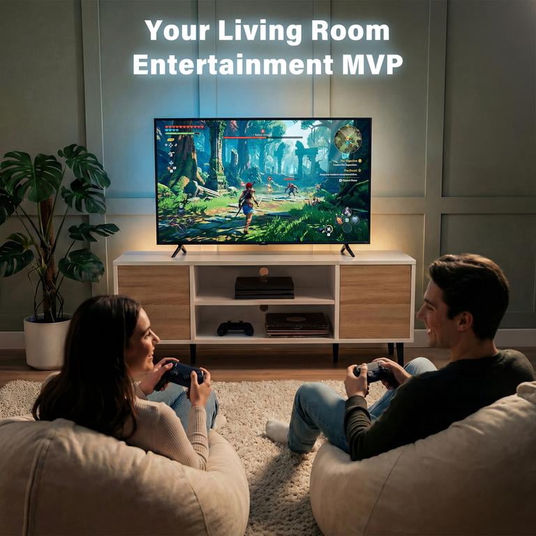 Vineego TV Stand for 55 Inch TV with 2 Push-to-Open Doors, Mid-Century Modern Media Console with Open Shelves, Entertainment Center for Living Room Bedroom, Beige & White