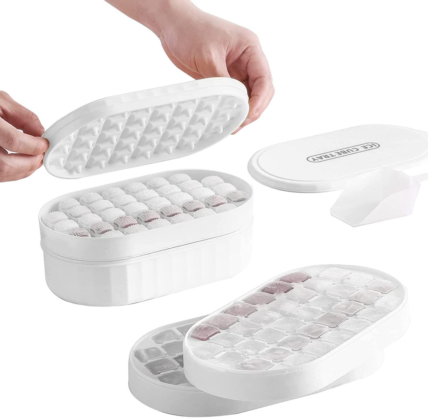 Ultrean Ice Cube Tray with Lid and Bin, Round Ice Cube Tray for Freezer,  Making 66pcs Easy Release Ice Cube for Coffee, 2 Trays 1 Ice Container 