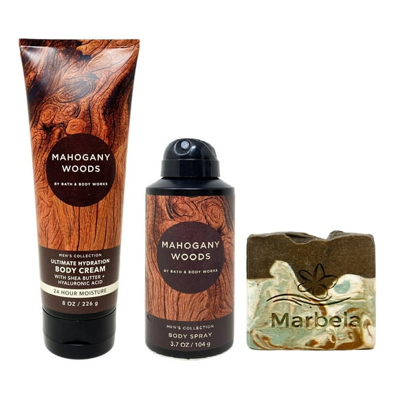 Bath & Body Works Men's Collection MAHOGANY WOODS Body Cream and Body Spray Bundle with a Marbela Cabin Spice Bar Soap - Full Size