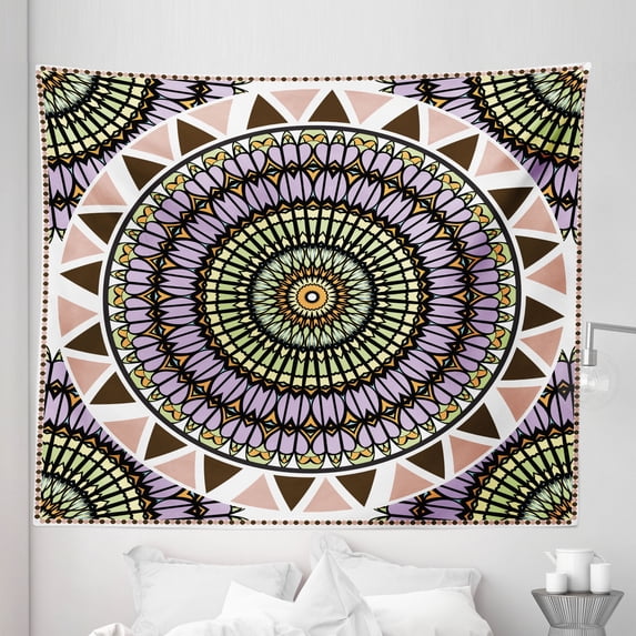 Mandala Tapestry, Geometric Sun Inspired Floral Round Ornament Oriental in Lilac Green Brown Tones, Fabric Wall Hanging Decor for Bedroom Living Room Dorm, 5 Sizes, Multicolor, by Ambesonne