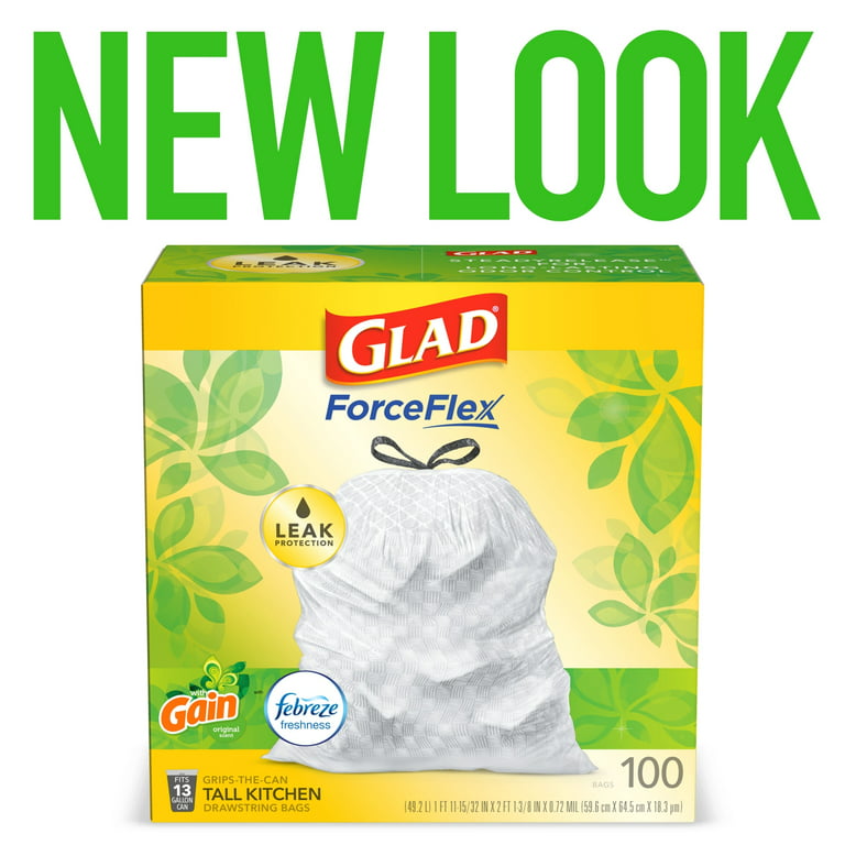 Glad® ForceFlex Tall Kitchen Drawstring Trash Bags – 13 Gallon White Trash  Bag, Gain Island Fresh scent with Febreze Freshness – 23 Count, Shop