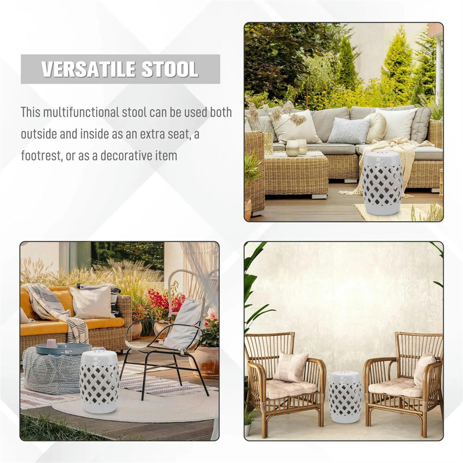 Demi Bonn 12" Large Outdoor Ceramic Stool with Intricate Lattice Design, Decorative Stool for Garden or Patio, White