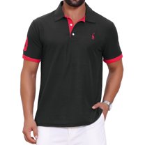 Men's Pattern Pique Polo Shirt Contrast Color Short Sleeve Golf Polo Shirts 3XL-Large Black