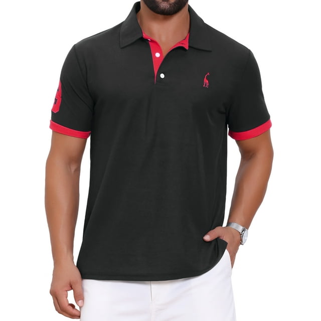 Camisa polo de piqué con patrón para hombre, color contrastante, de manga corta, para golf, negra