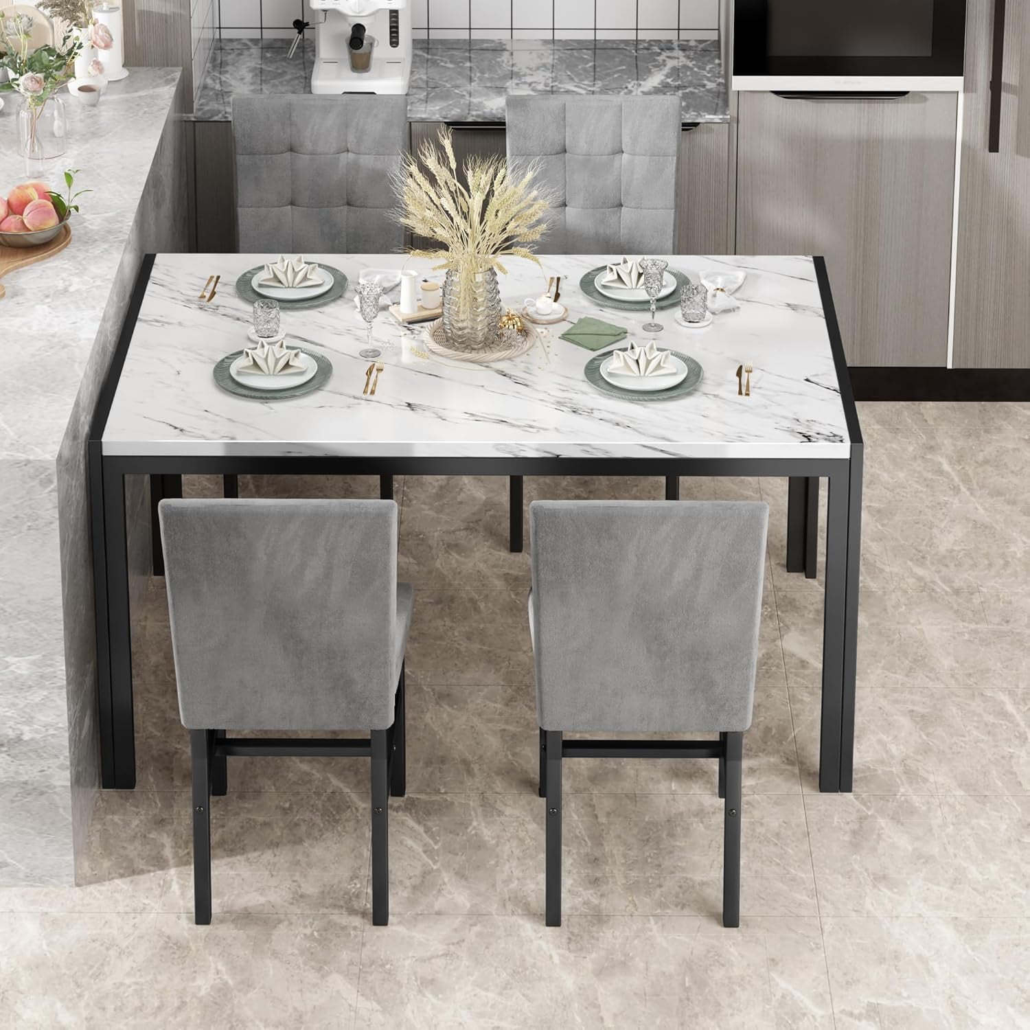 LinkRomat 5-Piece Faux Marble Dining Table Set for 4, Modern Kitchen Table with Chairs, Dinette Dining Room Furniture Set for Compact Space Saving