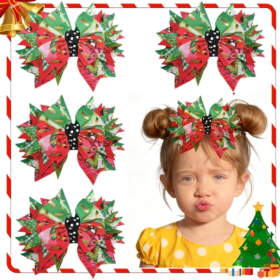 4pcs 4.5inch Christmas Hair Bows for Girls - 4 Pack Layered Christmas Themed Hair Bows Clips, Cute Holiday Hair Accessories for Toddlers Kids, Perfect for Christmas Party, Daily Wear