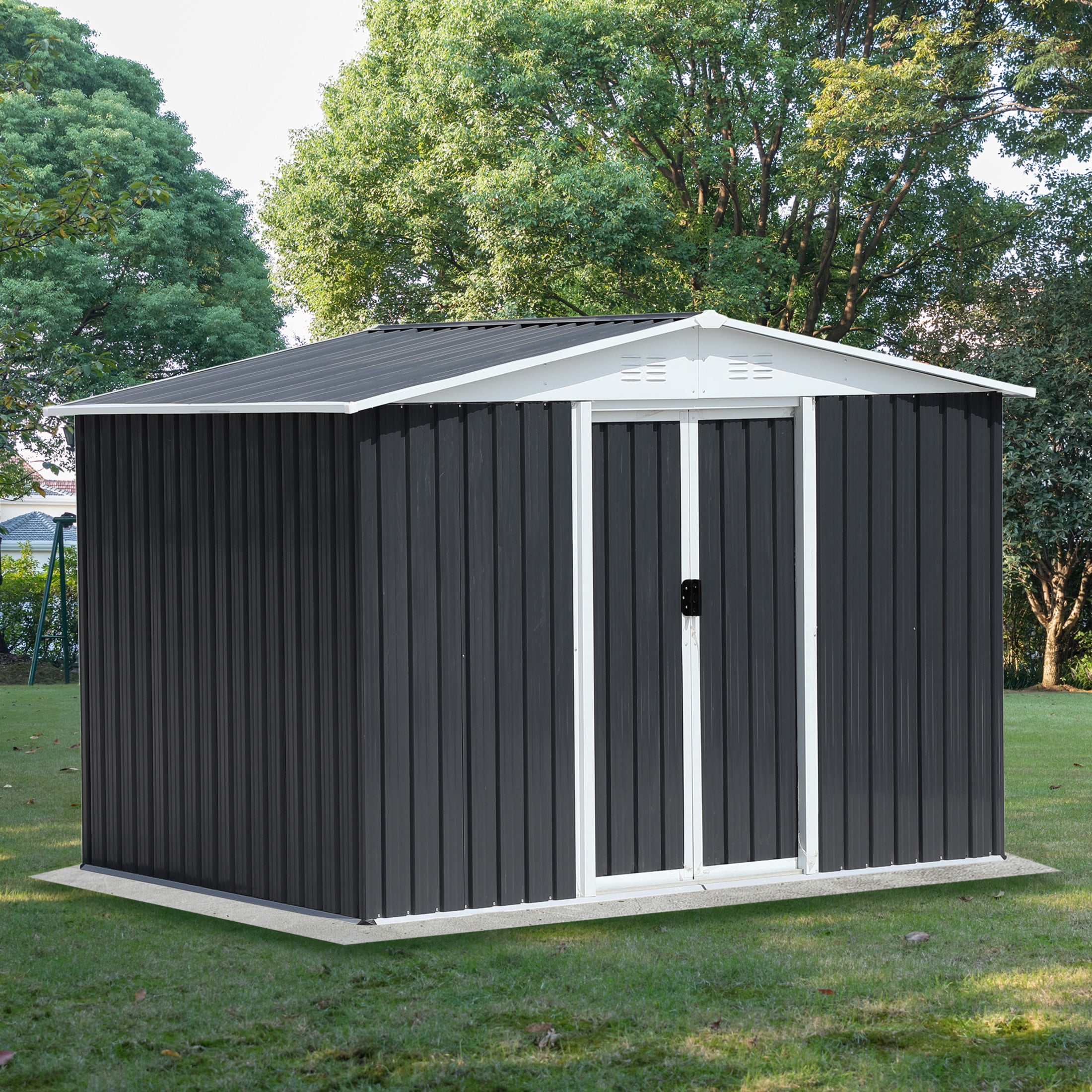 Noble House 8x6 FT Metal Garden Storage Shed, Apex Roof Outdoor Tool & Bike Shelter with Sliding Doors, Dark Grey