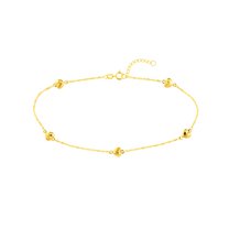14K Yellow Gold Women's 9"-10" 1.4mm Puff Hearts on Piatto Chain Adjustable Anklet