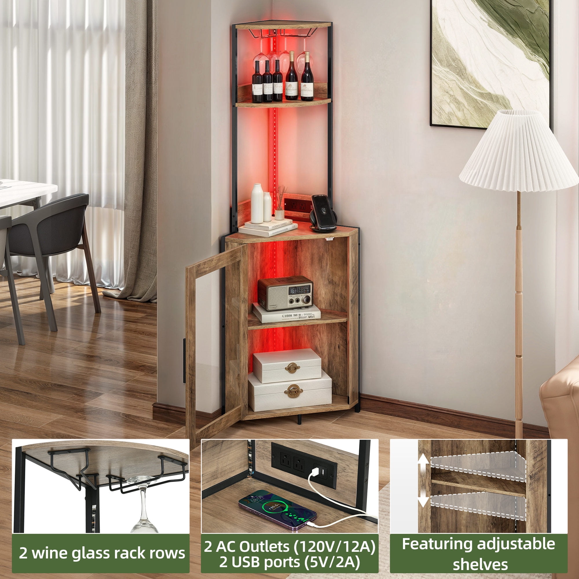 Uforic Corner Shelf with Door& LED Light, 5 Tier Corner Bar Cabinet with Power Outlets& Glass Holder