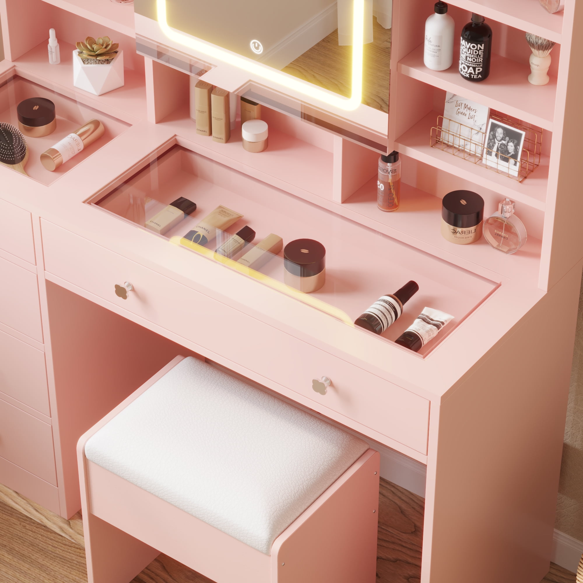Ktaxon Large 47.2" Makeup Vanity with 3 Color Lights, Dressing Table with USB Charging Station, Light Pink