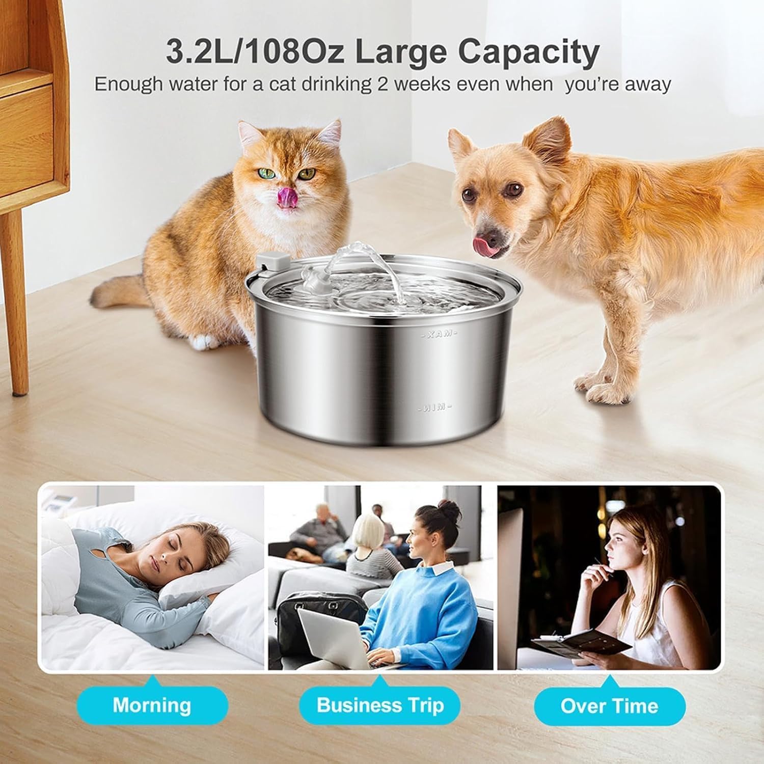 Vital Sip Cat Water Fountain - 108oz/3.2L Filtered Silent Stainless Steel Cat Faucet Fountain, VitalSip Dog Fountains with Water Level Viewing Window, Pet Drinking Fountains Indoor
