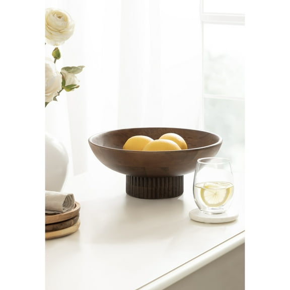 Kate and Laurel Rooks Modern Decorative Ribbed Wood Bowl, 12 Inch Diameter, Walnut Brown, Transitional Raised Fruit Bowl for Kitchen Counter or Use as Living Room or Entryway Table Decor