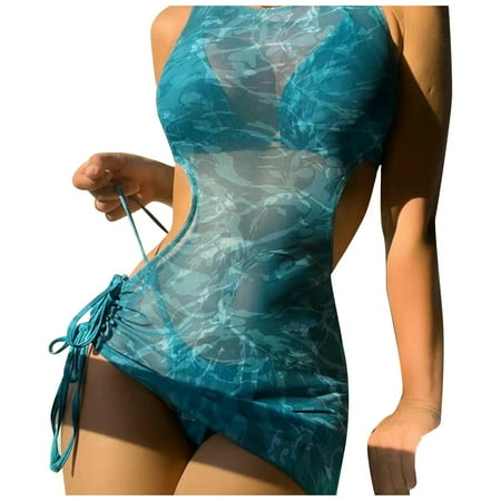 QYZEU Plus Size Swimsuit for Women Sexy Sleeveless Cover Up Fashion Comfort Print Gradient Thin Strap Bikini Three Piece Swimsuits Breathable Lightweight Swimwear Sky Blue S