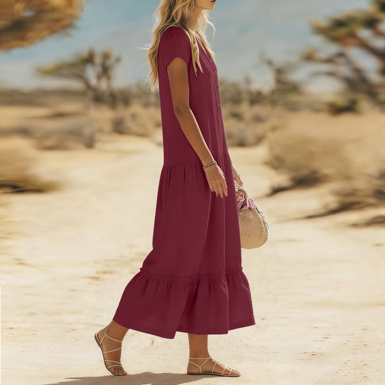ladies spring summer dresses PRETTYGARDEN for Women Sundresses Sleeveless V Neck Eyelet A Line Flowy Beach Vacation Maxi Dress This blush pink bandeau dress has a charming ruffled hem to add a modern twist to any look women's spring dresses casual amazon