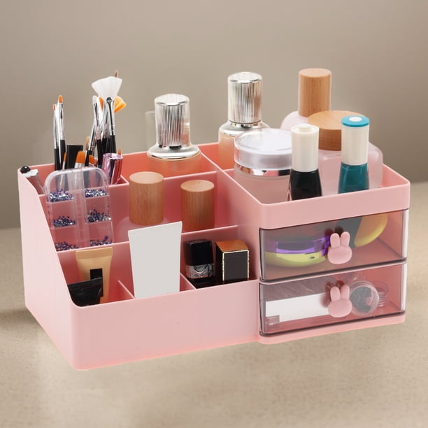 Organizador de Maquillaje Unique Bargains con 2 Cajones y 8 Compartimentos para Encimera de Tocador Baño Color Rosa