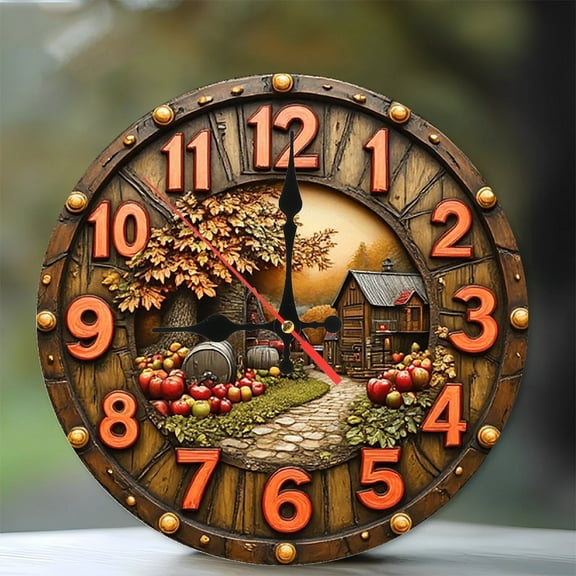 Rustic Autumn Farmhouse Wall Clock 10-Inch Silent Wooden Wall Clock, Battery Operated (AA Batteries Not Included), Artistic Home Decor