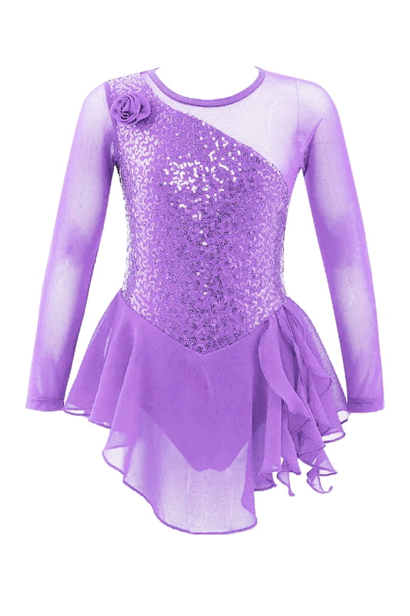 Kids Girls Sequins Figure Ice Skating Dress Mesh Gymnastics Leotard Ballet Lyrical Dancewear Light Purple 12