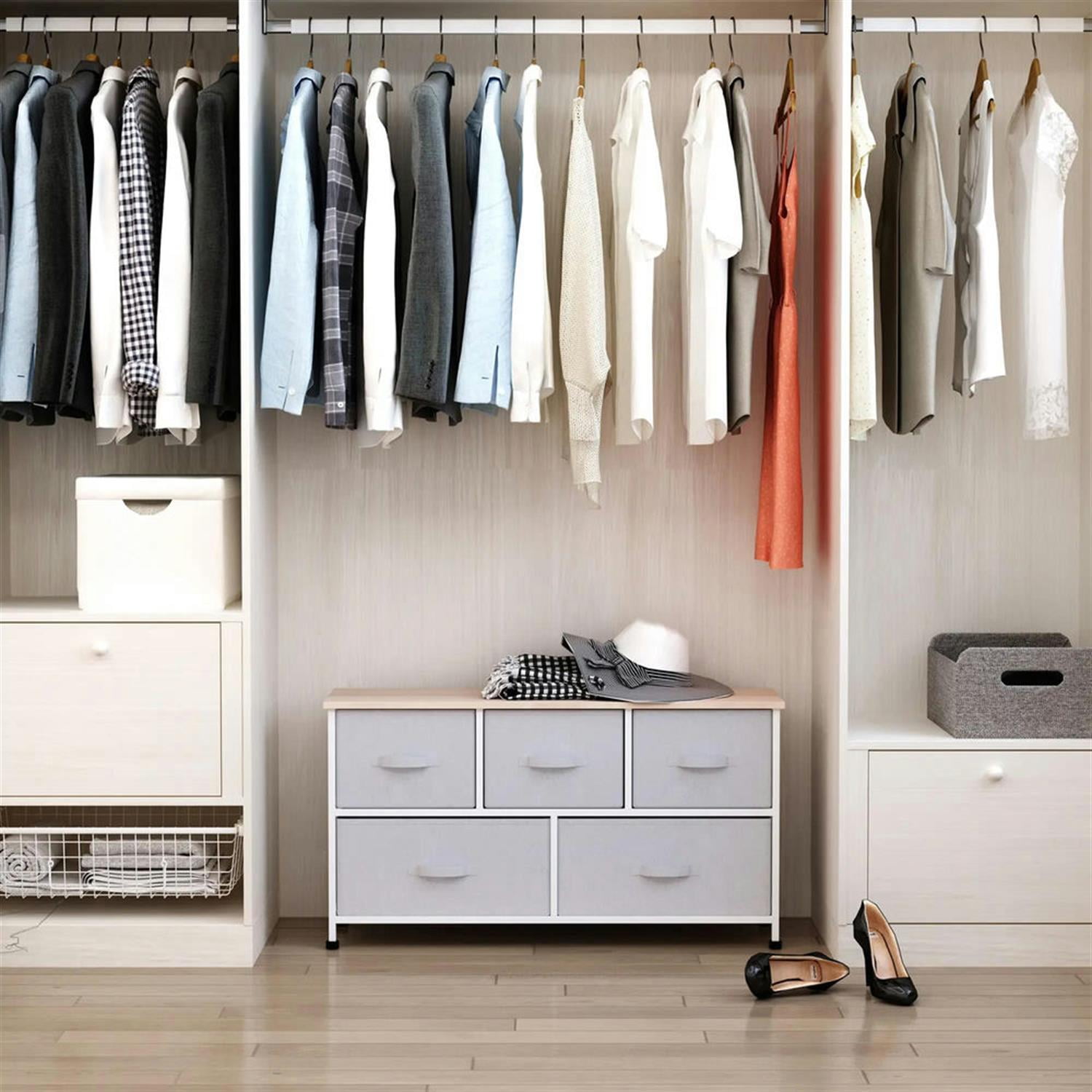 Demi Bonn 5-Drawer Dresser, Fabric Storage Tower for Bedroom, Hallway, Entryway, Closet, Steel Frame, Wood Top, Easy Pull Handle, Gray