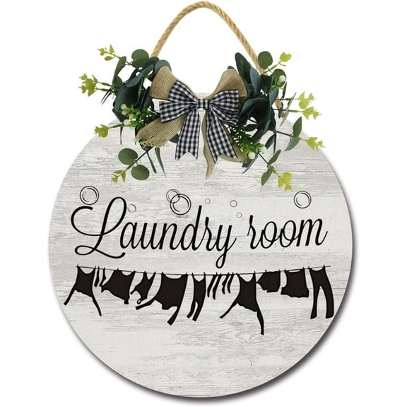 Eveokoki 12" Door Wooden Hanging Sign,Laundry Room 03 Sign Front Door Decor with Bowknot Rustic Farmhouse Wood Sign Door Hanger for All Season All Holiday Home Office Shop Window