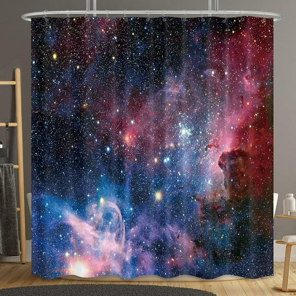 Outer Space Galaxy Stars Shower Curtain 72Wx72H Inch Nebula Universe Planet Purple Sky Starry Decor Fabric Set Polyester Waterproof for Bathroom with Metal Hooks 12 Pack