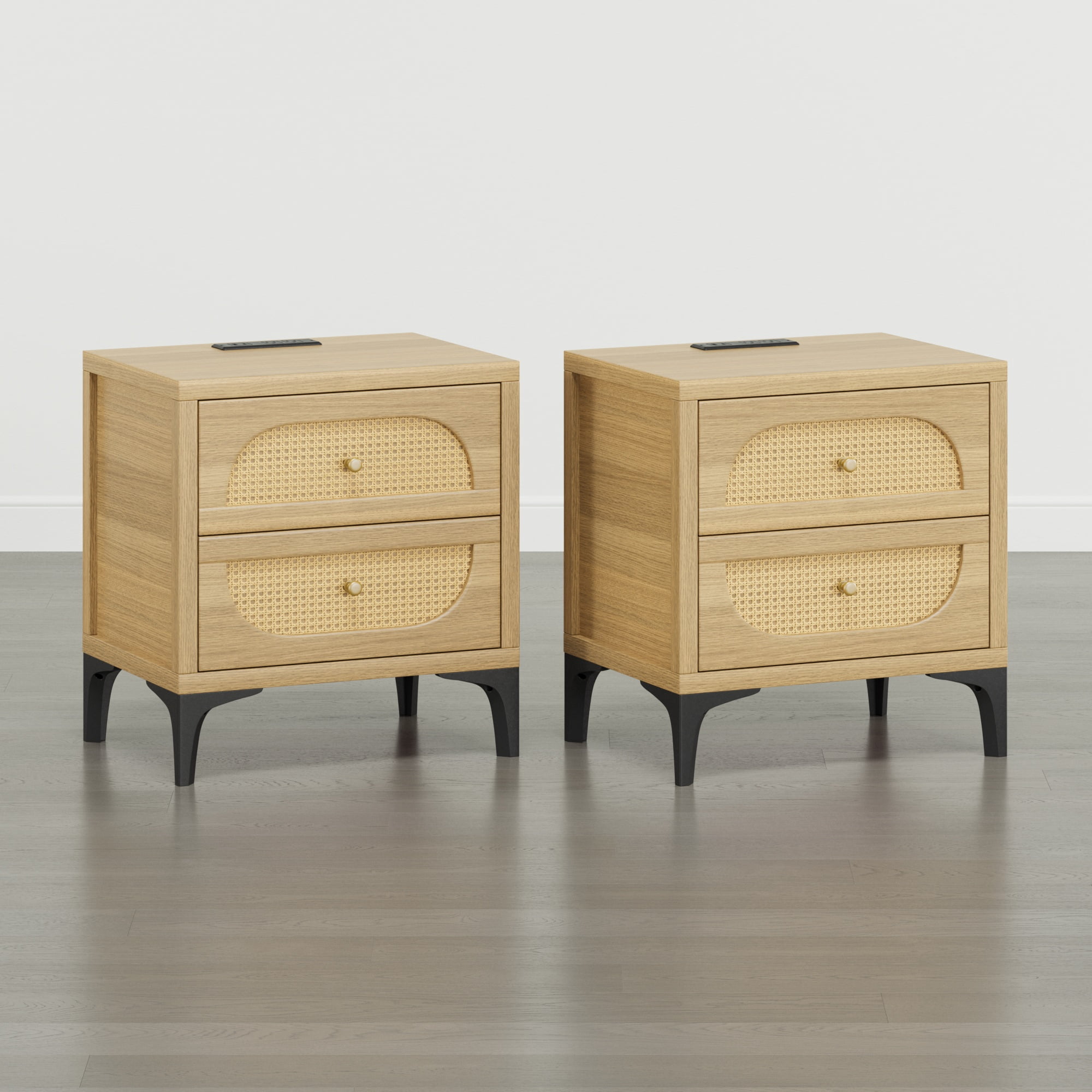 Spruce & Spring Boho Nightstands Set of 2, 2-Drawer End Tables with Charging Station, Rattan Front, Natural Wood Finish