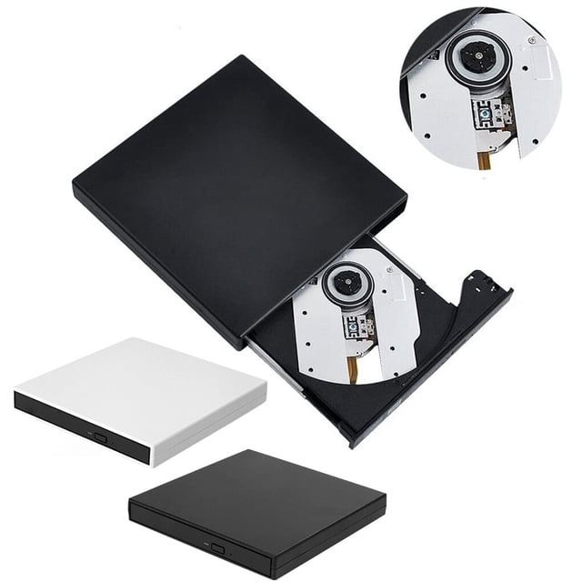 CD Writer USB 2.0 DVD Writer; External Recorder Drive External Portable CD Burner Reader for Laptop PC, White. A compact external optical drive with a sleek design, available in black and white. The open drive reveals the internal disc tray and laser mechanism, ideal for burning and reading CDs and DVDs on laptops and PCs.