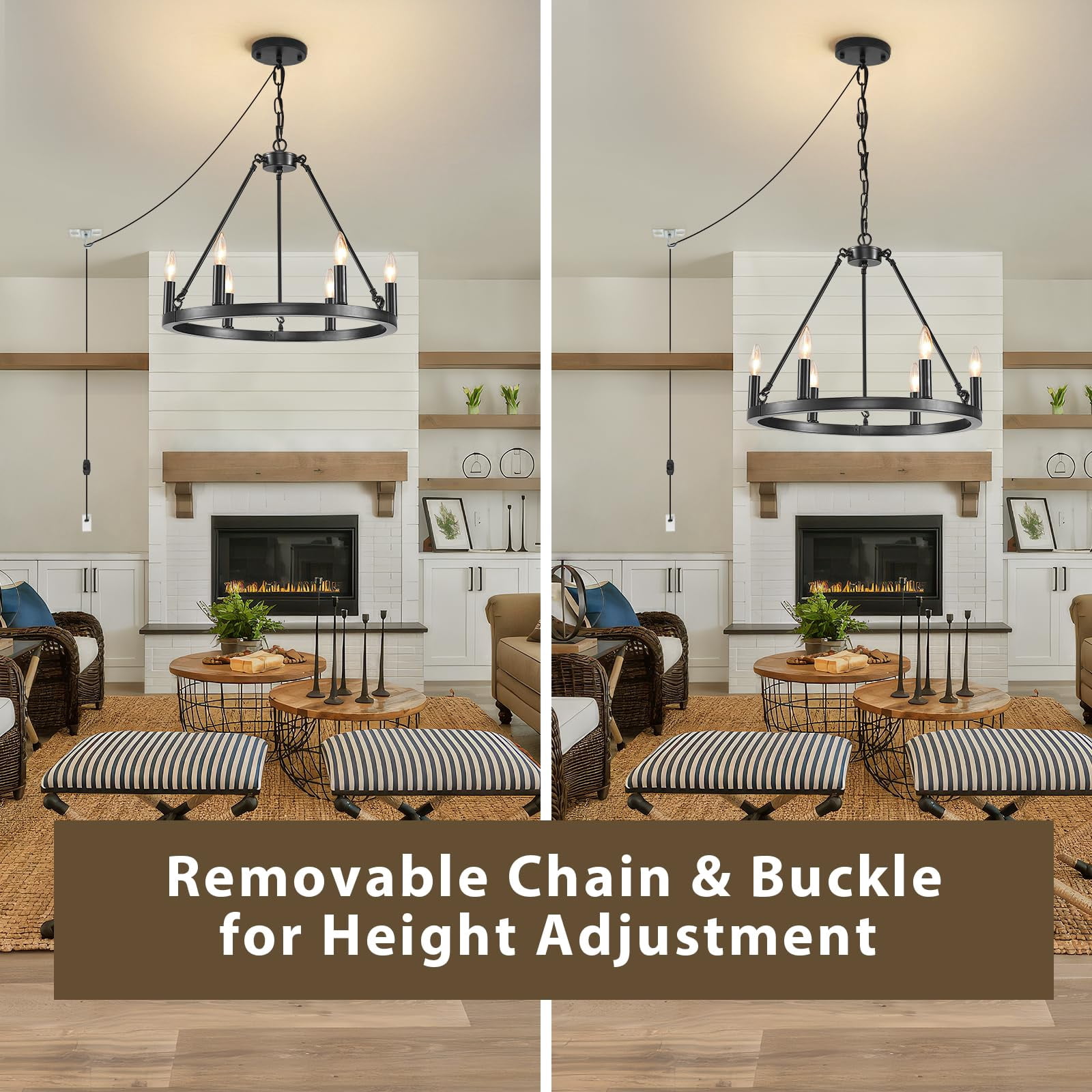 SADALAK DIMMABLE Wagon Wheel Plug in Chandelier 6-Light, 20.5" Black Round Farmhouse Pendant Light Fixture with Cord, Height Adjustable Industrial Hanging Light, Outdoor Ceiling Light for Dining Room