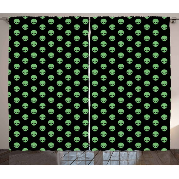 Ambesonne Alien Curtains 2 Panel Set, Martian Design, 108" x 84", Fern Green Black