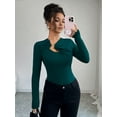 thumbnail image 6 of Women's Metal Ring Long Sleeve Asymmetrical Neck T Shirt Slim Fit Ruched Going Out Tops Green S, 6 of 8