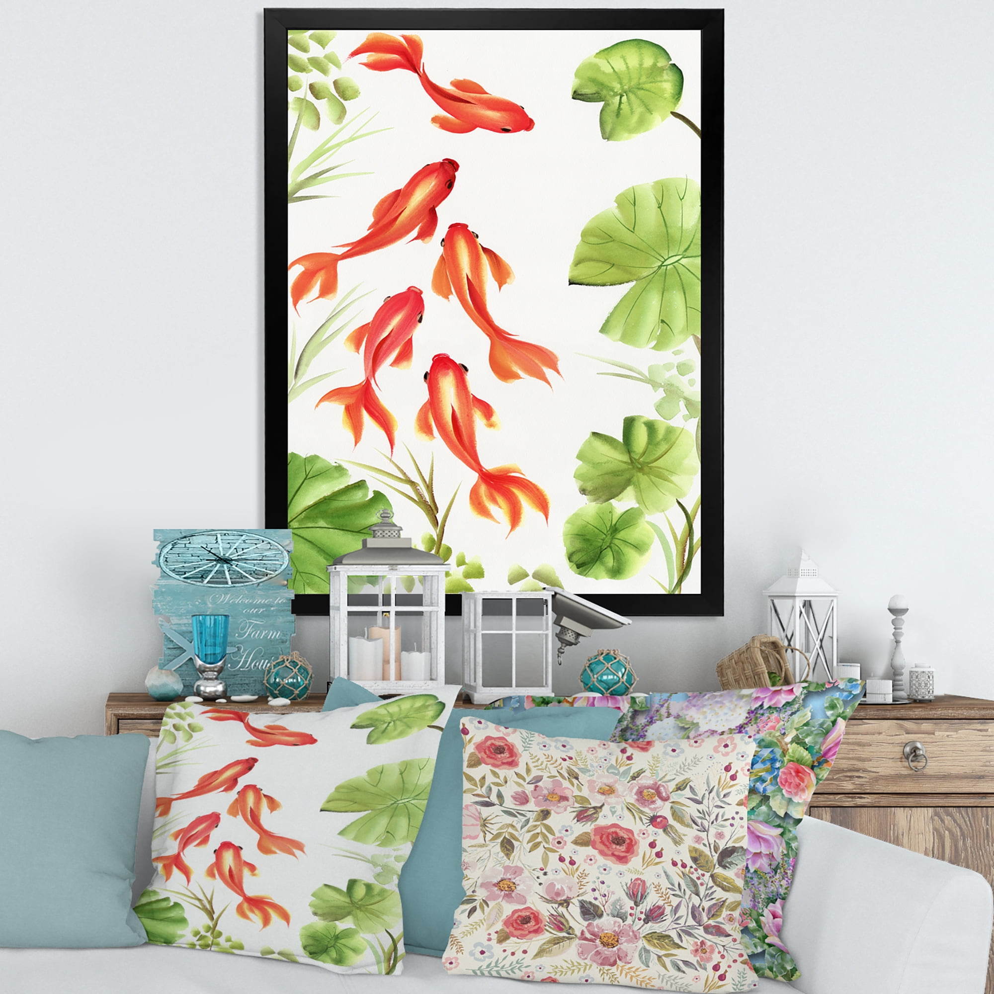 Designart 'Ancient Goldfishes Among The Lotus Leaves' Nautical & Coastal Framed Art Print
