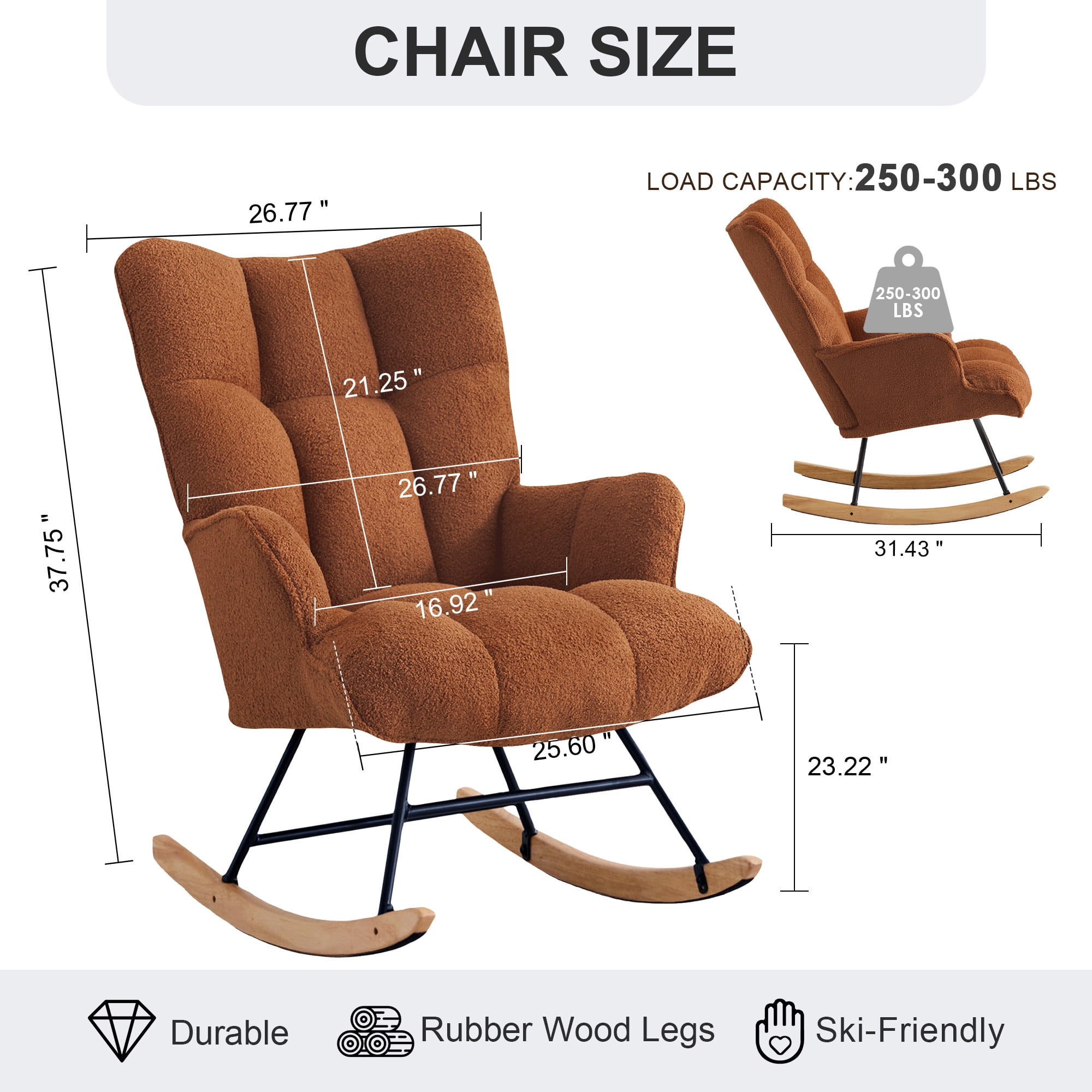 SAETSFEG Rocking Chair Nursery Teddy Upholstered Glider Rocker Rocking Accent Chair Padded Seat with High Backrest Armchair Comfy Side Chair for Living Room, Bedroom, Brown