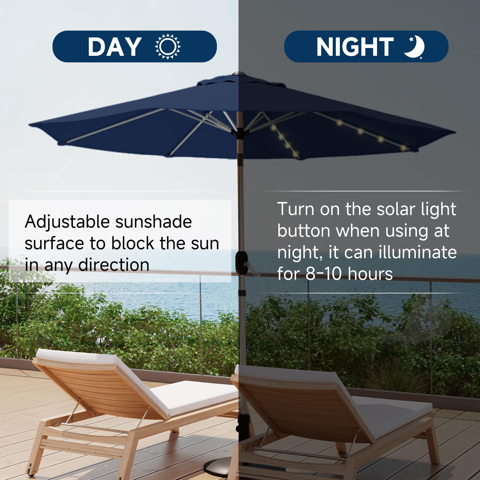 UPHYB 9FT 40 Solar Lighted Patio Umbrella, Fade-Resistant Outdoor Market Table Umbrella with Push Button Tilt Function, 8 Sturdy All-Aluminum Ribs for Gardens, Decks, Backyards & Pools (Navy Blue)